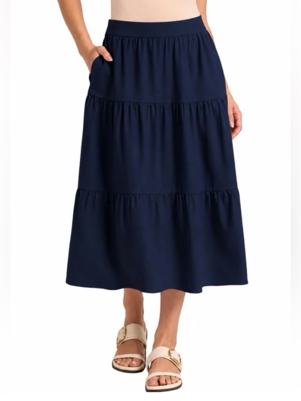 Linen blend Tiered Midi pull on Skirt Navy Blue with pockets fall neutral basic